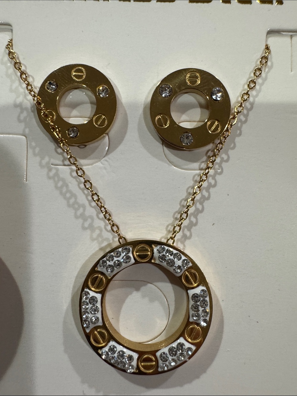 Gold Tone Circle Pendant Necklace and Stud Earrings with Clear Crystals